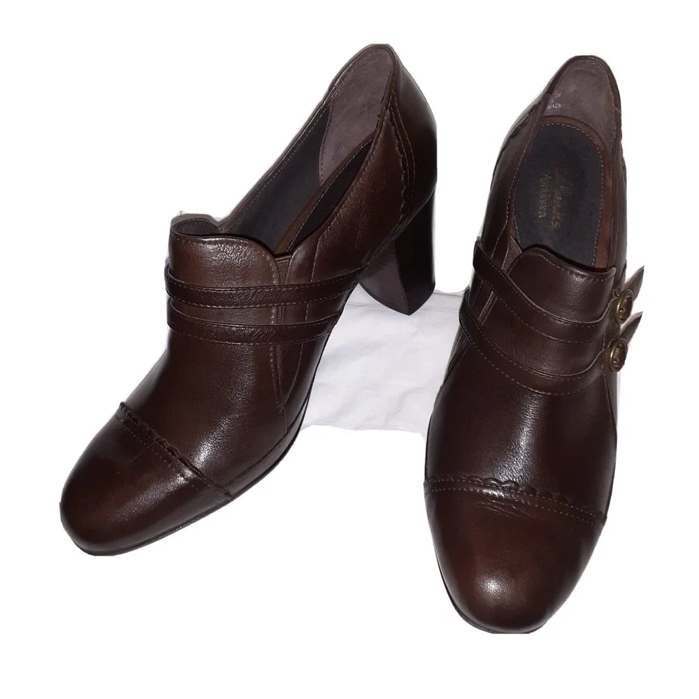 Clarks Stanhope Loafer Shoe Womens Dark Brown Leather Slip On Block Heel 10M NEW - Picture 4 of 15